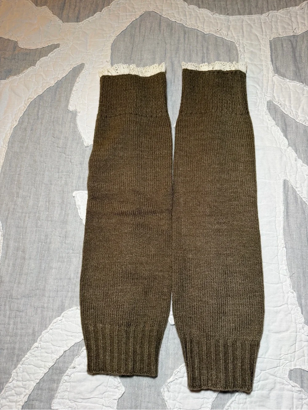 Olive Green Button-Front Knit Arm Warmers with Lace Trim